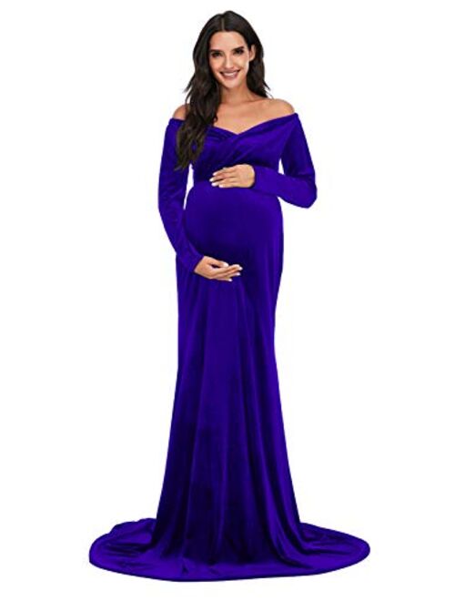 ZIUMUDY Velvet Maternity Off Shoulder Fitted Photography Gown Long Sleeve Maxi Photo Shoot Baby Shower Dress