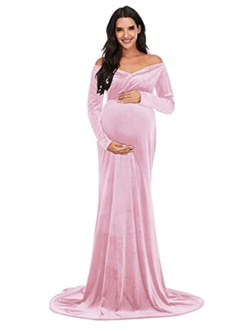 ZIUMUDY Velvet Maternity Off Shoulder Fitted Photography Gown Long Sleeve Maxi Photo Shoot Baby Shower Dress