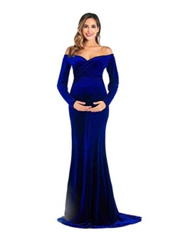 Dongpai Velvet Maternity Half Circle Off Shoulder Long Sleeves Fitted Maxi Gown Dress Photography