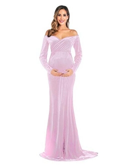 Dongpai Velvet Maternity Half Circle Off Shoulder Long Sleeves Fitted Maxi Gown Dress Photography