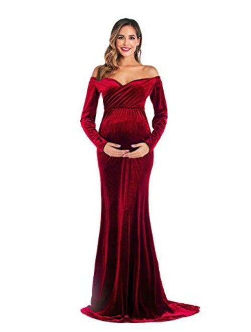 Dongpai Velvet Maternity Half Circle Off Shoulder Long Sleeves Fitted Maxi Gown Dress Photography