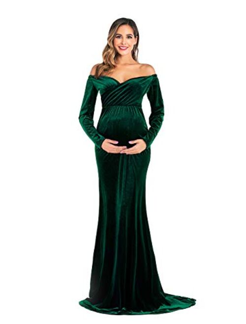 Dongpai Velvet Maternity Half Circle Off Shoulder Long Sleeves Fitted Maxi Gown Dress Photography