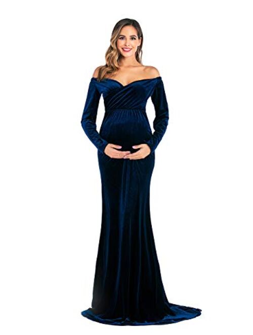 Dongpai Velvet Maternity Half Circle Off Shoulder Long Sleeves Fitted Maxi Gown Dress Photography