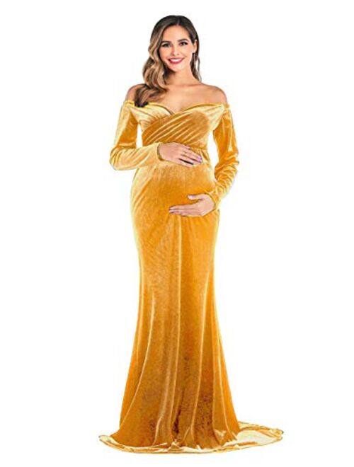 Dongpai Velvet Maternity Half Circle Off Shoulder Long Sleeves Fitted Maxi Gown Dress Photography