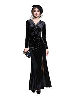 honey qiao Velvet Evening Dresses Women 90s Retro V Neck Long Bodycon Side Slit Formal Gowns