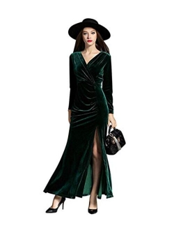 honey qiao Velvet Evening Dresses Women 90s Retro V Neck Long Bodycon Side Slit Formal Gowns