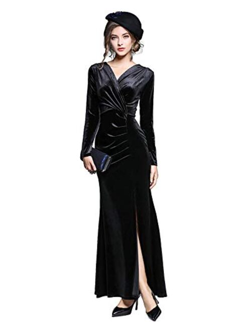 honey qiao Velvet Evening Dresses Women 90s Retro V Neck Long Bodycon Side Slit Formal Gowns