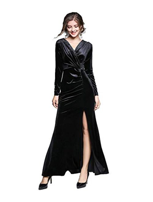 honey qiao Velvet Evening Dresses Women 90s Retro V Neck Long Bodycon Side Slit Formal Gowns