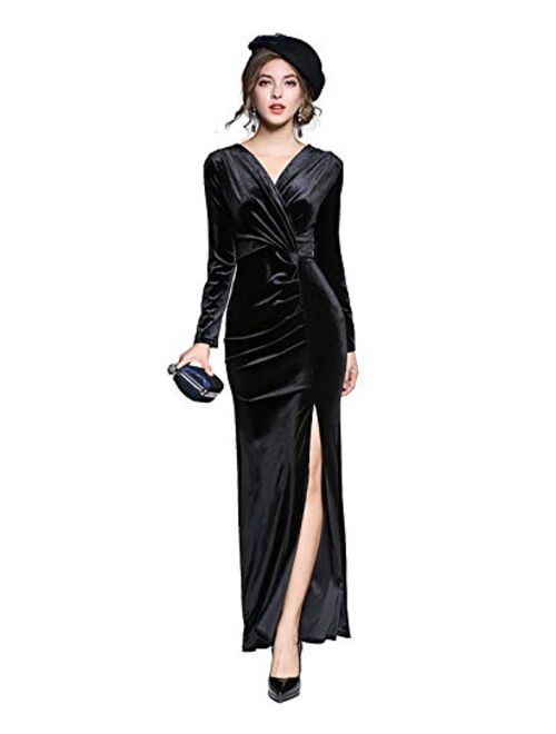 honey qiao Velvet Evening Dresses Women 90s Retro V Neck Long Bodycon Side Slit Formal Gowns