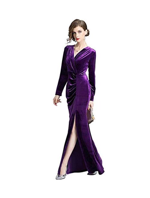 honey qiao Velvet Evening Dresses Women 90s Retro V Neck Long Bodycon Side Slit Formal Gowns