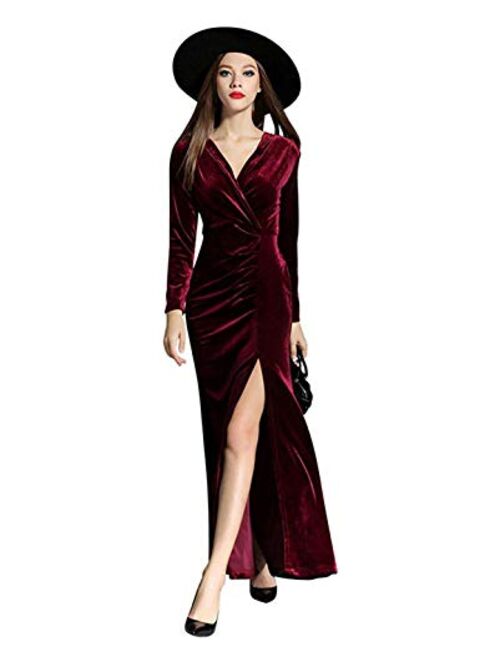 honey qiao Velvet Evening Dresses Women 90s Retro V Neck Long Bodycon Side Slit Formal Gowns