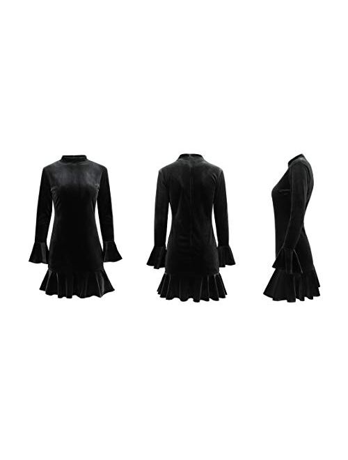 R.Vivimos Women's Winter Long Sleeve Velvet Ruffles Bodycon Mini Dress