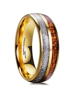 King Will 7mm/8mm Mens Tungsten Carbide Ring Imitated Meteorite Carbon Fiber Nature Wood Inlay Rings Silver/Gold Domed Engagement Band for Men Polished Comfort Fit