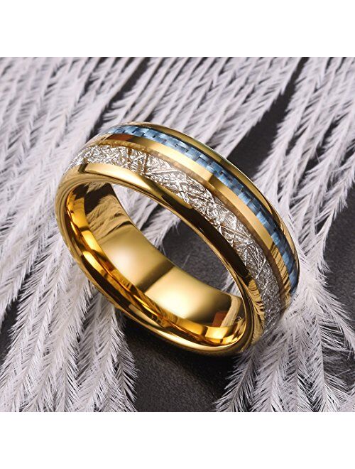 King Will 7mm/8mm Mens Tungsten Carbide Ring Imitated Meteorite Carbon Fiber Nature Wood Inlay Rings Silver/Gold Domed Engagement Band for Men Polished Comfort Fit