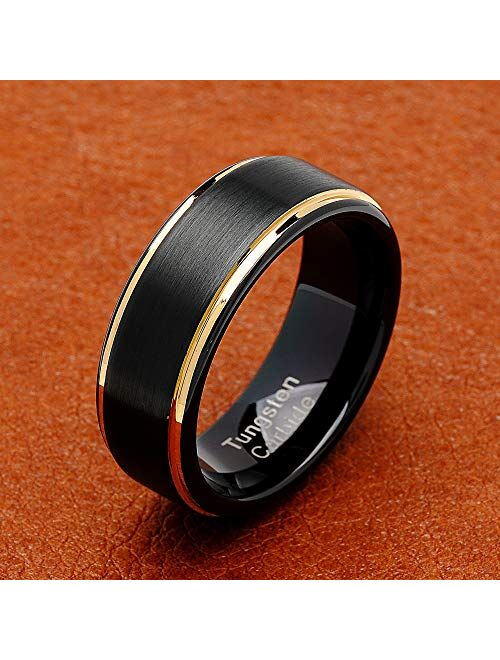 100S JEWELRY Engraved Personalized Black Tungsten Rings For Men Wedding Band Gold Step Edge Size 6-16