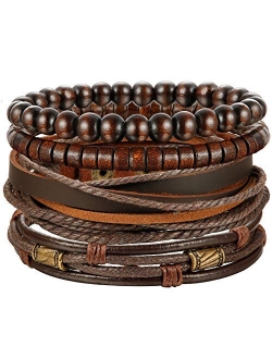 Jstyle 4Pcs Braided Leather Bracelet for Women Mens Cuff Bead Bracelet Set Adjustable Black And Brown