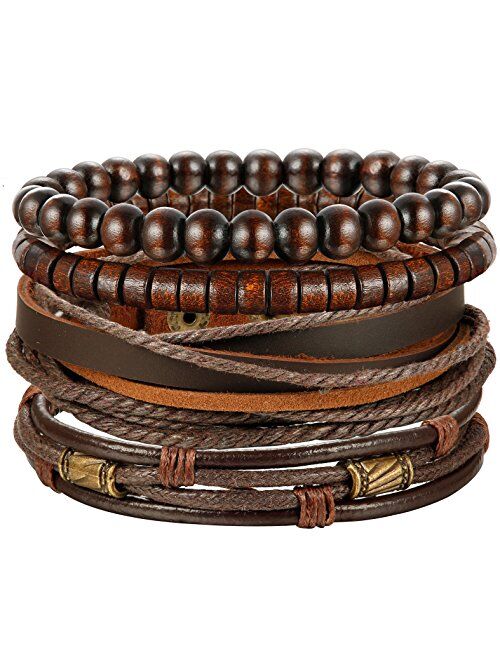 Jstyle 4Pcs Braided Leather Bracelet for Women Mens Cuff Bead Bracelet Set Adjustable Black And Brown