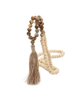 BALIBALI 8MM Semi-Precious Gem Stones Wood Mala Bead Necklace Multicolor Tassel Charms Chain Necklace Handmade Beaded Pendant Necklace for Women Men