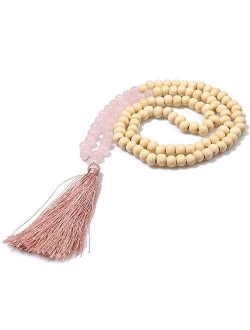 BALIBALI 8MM Semi-Precious Gem Stones Wood Mala Bead Necklace Multicolor Tassel Charms Chain Necklace Handmade Beaded Pendant Necklace for Women Men