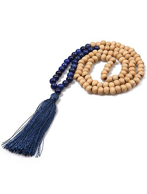 BALIBALI 8MM Semi-Precious Gem Stones Wood Mala Bead Necklace Multicolor Tassel Charms Chain Necklace Handmade Beaded Pendant Necklace for Women Men