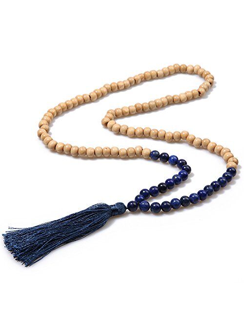 BALIBALI 8MM Semi-Precious Gem Stones Wood Mala Bead Necklace Multicolor Tassel Charms Chain Necklace Handmade Beaded Pendant Necklace for Women Men