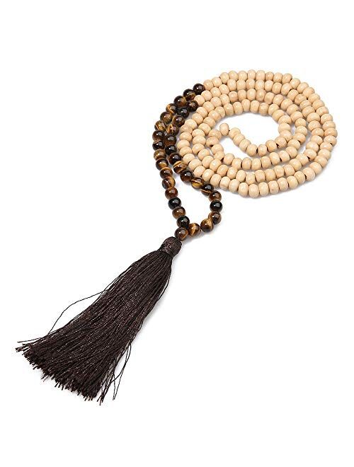 BALIBALI 8MM Semi-Precious Gem Stones Wood Mala Bead Necklace Multicolor Tassel Charms Chain Necklace Handmade Beaded Pendant Necklace for Women Men