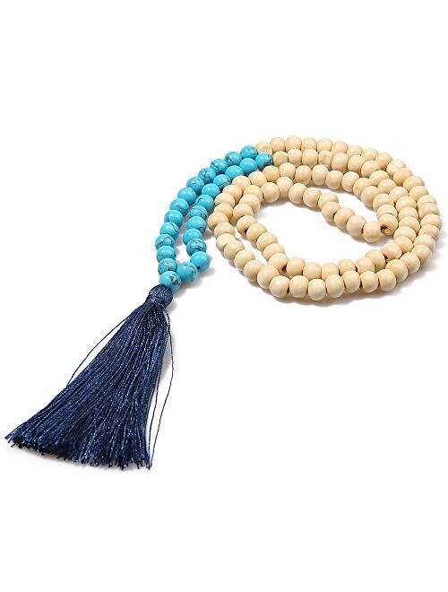 BALIBALI 8MM Semi-Precious Gem Stones Wood Mala Bead Necklace Multicolor Tassel Charms Chain Necklace Handmade Beaded Pendant Necklace for Women Men