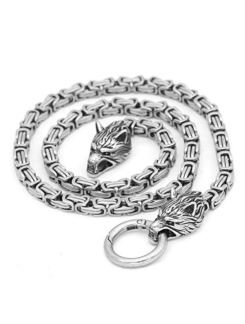 GuoShuang Men Stainless Steel Wolf Head Norse Viking Amulet Thor Mjolnir Necklace King Chain with Valknut Gift Bag