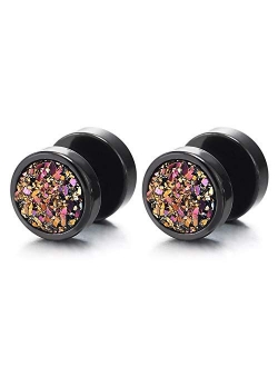 Coolsteelandbeyond 10mm Women Mens Black Circle Stud Earrings Black Glitter, Steel Cheater Fake Ear Plugs Gauges Tunnel