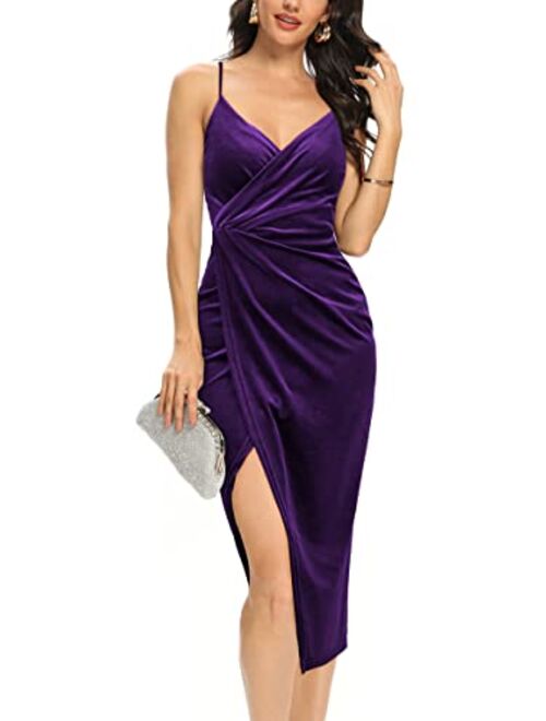 Missufe Women's Sleeveless Velvet Spaghetti Strap Wrap V Neck Bodycon Ruched Slit Party Midi Glitter Dress