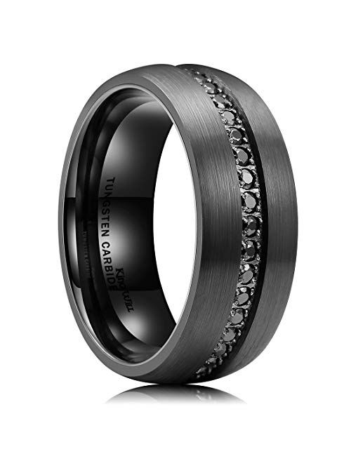 King Will GEM Mens 8mm Black Polished Finish Tungsten Carbide Ring Cubic Zircon Stones Flat Style