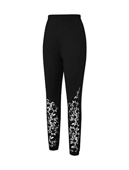 Meihuida Women Elastic High Waist Leggings Black Solid Color Hollow Out Lace Hem Trousers