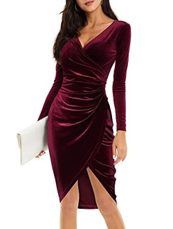 HUHOT Womens Wrap V Neck Long Sleeve Split Wrap Velvet Elegant Bodycon Ruched Cocktail Party Midi Dress