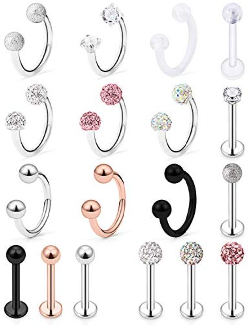 Hoeudjo 9-18PCS 16G Surgical Steel Lip Hoop Ring Crystal Cubic Horseshoe Barbell Tragus Cartilage Earring Helix Daith Septum Hoop Piercing Body Piercing Jewelry Retainer 