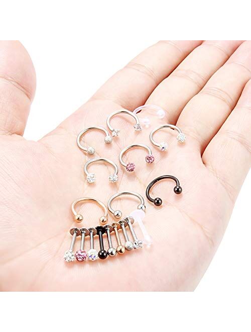 Hoeudjo 9-18PCS 16G Surgical Steel Lip Hoop Ring Crystal Cubic Horseshoe Barbell Tragus Cartilage Earring Helix Daith Septum Hoop Piercing Body Piercing Jewelry Retainer 