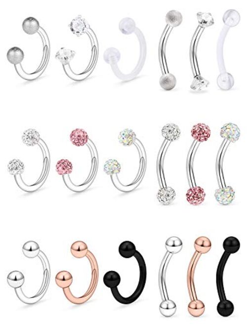 Hoeudjo 9-18PCS 16G Surgical Steel Lip Hoop Ring Crystal Cubic Horseshoe Barbell Tragus Cartilage Earring Helix Daith Septum Hoop Piercing Body Piercing Jewelry Retainer 