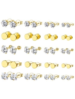 FIBO STEEL 20 Pairs Stainless Steel Black Stud Earrings for Men Women Earring Set CZ Inlaid