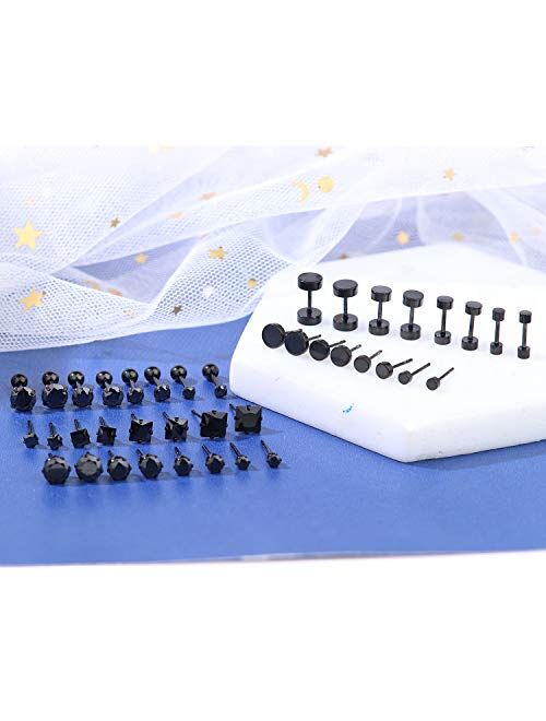 FIBO STEEL 20 Pairs Stainless Steel Black Stud Earrings for Men Women Earring Set CZ Inlaid