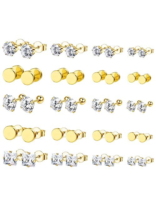 FIBO STEEL 20 Pairs Stainless Steel Black Stud Earrings for Men Women Earring Set CZ Inlaid