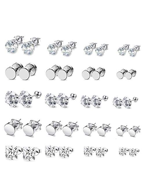 FIBO STEEL 20 Pairs Stainless Steel Black Stud Earrings for Men Women Earring Set CZ Inlaid