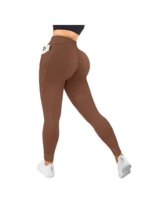 OMKAGI Women V Cross Waist Butt Lifting Leggings with Pockets High Waisted Workout Yoga Pants