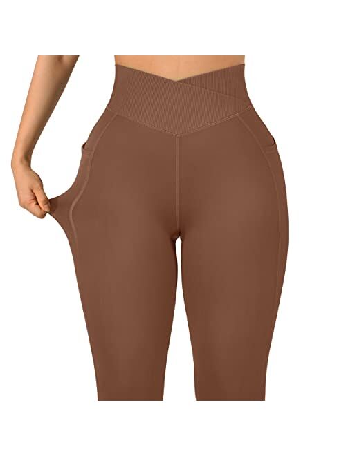 OMKAGI Women V Cross Waist Butt Lifting Leggings with Pockets High Waisted Workout Yoga Pants