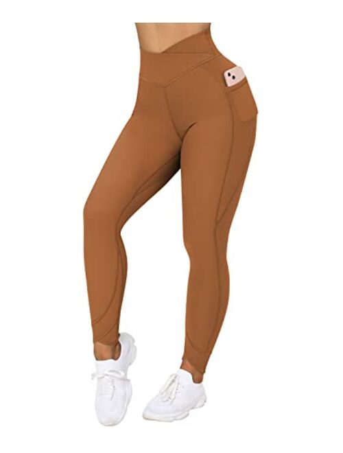 OMKAGI Women V Cross Waist Butt Lifting Leggings with Pockets High Waisted Workout Yoga Pants