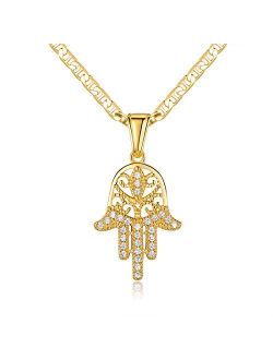 Barzel 18K Gold Plated Flat Mariner/Marina 060 3MM Chain Necklace With Hamsa Hand Pendant