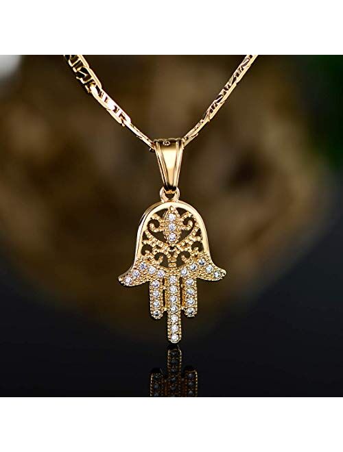 Barzel 18K Gold Plated Flat Mariner/Marina 060 3MM Chain Necklace With Hamsa Hand Pendant