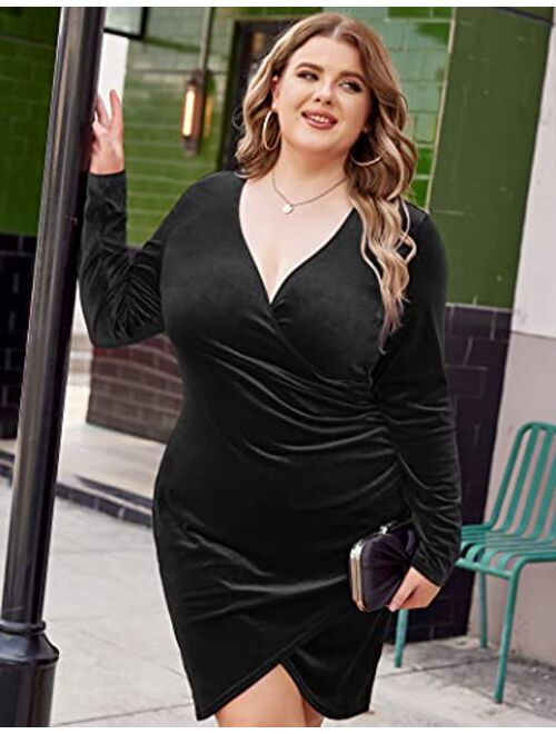 IN'VOLAND Womens Plus Size Long Sleeve Velvet Bodycon Dresses Ruched Wrap V Neck Cocktail Party Dress