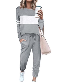Women's Color Block 2 Piece Tracksuit Crewneck Long Sleeve Tops Long Sweatpants Outfits Lounge Sets