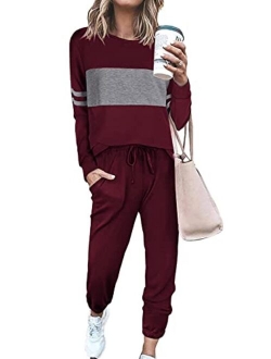 Women's Color Block 2 Piece Tracksuit Crewneck Long Sleeve Tops Long Sweatpants Outfits Lounge Sets