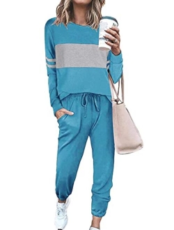 Women's Color Block 2 Piece Tracksuit Crewneck Long Sleeve Tops Long Sweatpants Outfits Lounge Sets