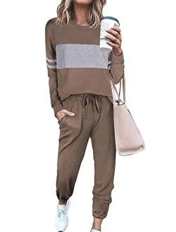 Women's Color Block 2 Piece Tracksuit Crewneck Long Sleeve Tops Long Sweatpants Outfits Lounge Sets